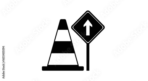 road construction ahead traffic cone and straight ahead sign icon for website app or infographic design