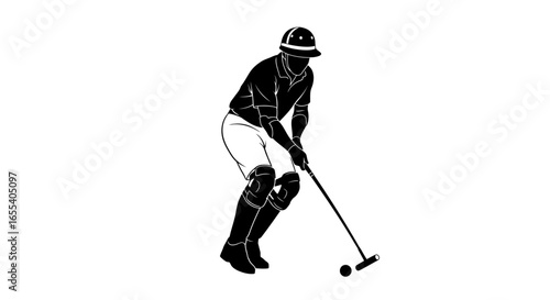 polo player in action striking the ball dynamic black and white silhouette for sports websites magazines and branding