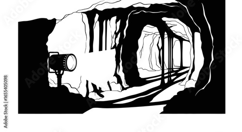 illuminating the path dramatic black and white illustration of a spotlight in a mysterious cave tunnel ideal for mystery adventure and exploration themes