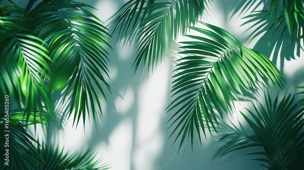 Obraz premium A surreal white minimalist office covered in vibrant green tropical palm leaf wallpaper.