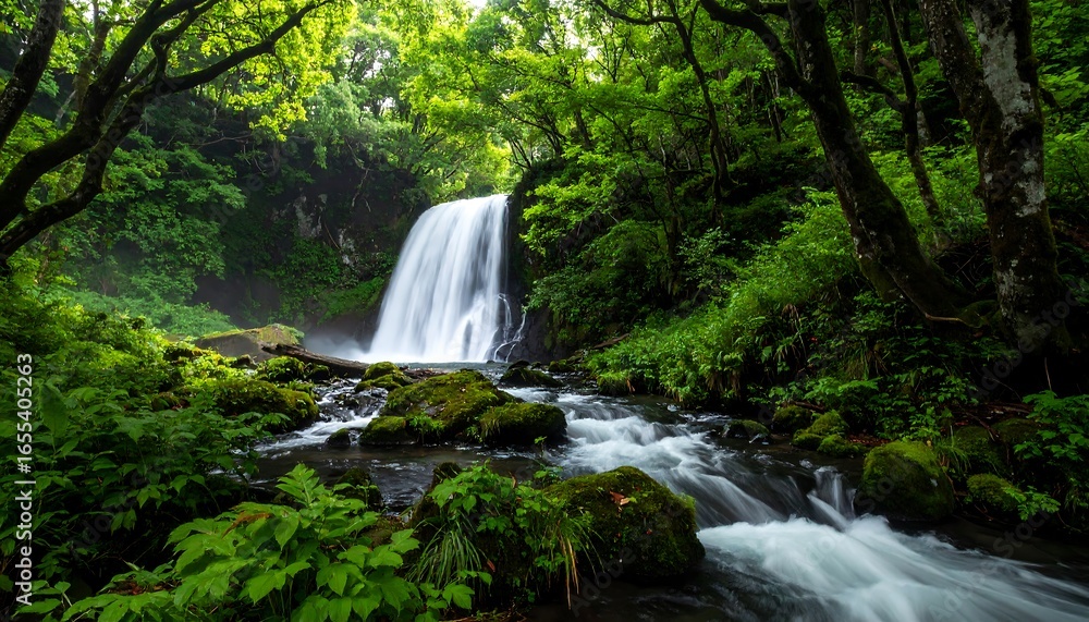 Fototapeta premium Lush waterfall cascading through a verdant forest