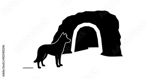 loyal canine guardian protecting entrance to mysterious cave silhouette illustration for security mystery and adventure concepts