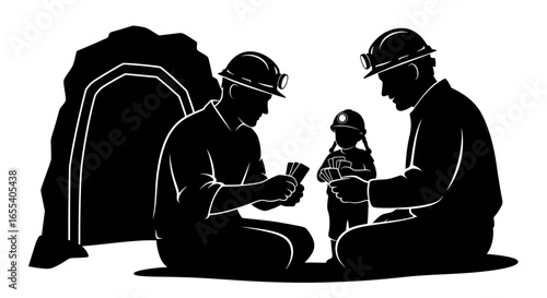 miners and child playing cards a silhouette illustration of family bonding after work ideal for mining industry fatherhood and family values content
