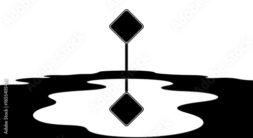 oil spill hazard blank warning signs reflecting in a puddle of spilled oil illustrating environmental disaster or industrial accident