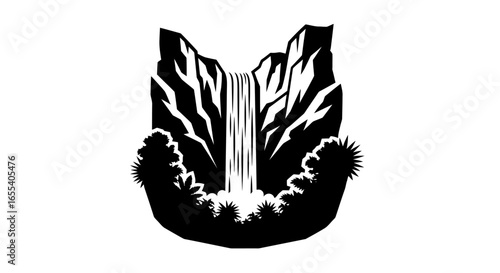 powerful waterfall silhouette dramatic black and white nature illustration for ecofriendly brands travel agencies and outdoor adventure designs