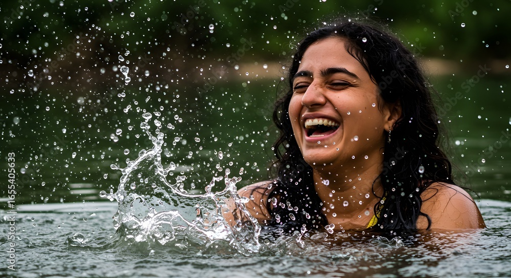 Fototapeta premium A woman laughing in the water with water splashing around her in a natural outdoor setting scene