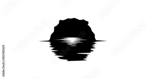 serene sunset silhouette minimalist black and white rock formation over calm water for peaceful designs branding and meditation apps