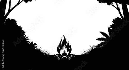 campfire silhouette tropical night scene for storytelling book covers and adventure designs