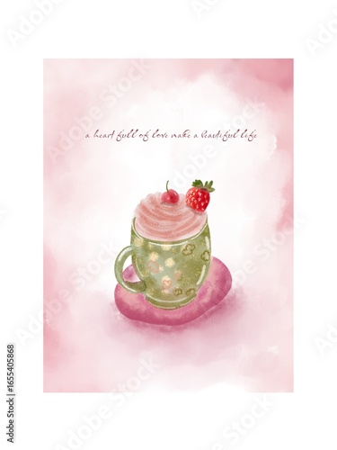 Coffe milk cream with cherry and strawberry on top
Wall art and quotes
Wall decoration 
Drink illustration 