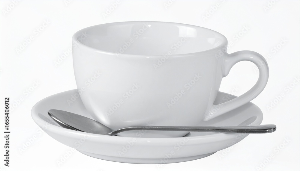 Enjoy your morning brew with this elegant white cup and saucer and sleek spoon still life image Enjoy your morning brew with this elegant white cup and saucer and sleek spoon still life image