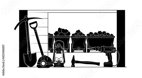 coal mining equipment a striking silhouette illustration of essential tools carts and safety gear for underground mining operations