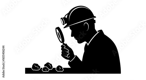 miner examining ore samples with magnifying glass detailed silhouette for mining geology and industry concepts