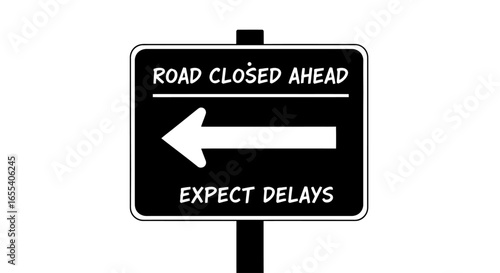 road closed ahead black and white warning sign illustrating delays and detours perfect for website app or print design