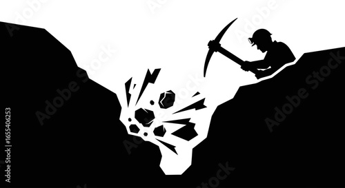 miner extracting resources black and white silhouette illustration for mining industry and resource extraction concepts