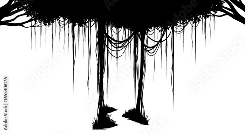 mysterious jungle silhouette create enthralling game backgrounds book illustrations or dramatic website headers with this eerie highcontrast banyan tree image
