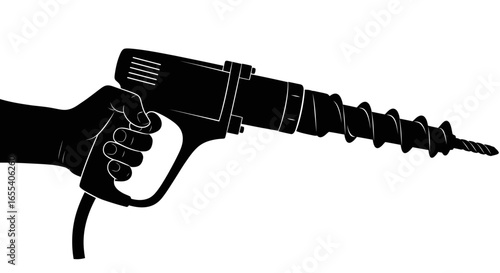 powerful hand holding auger drill a black and white silhouette for construction diy and industrial projects