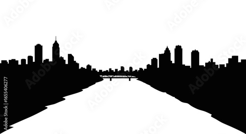 dramatic city skyline silhouette river bridge and modern architecture for urban design travel and real estate projects