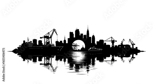 dramatic silhouette of a city harbor port cityscape at sunset ideal for maritime industrial and transportation designs