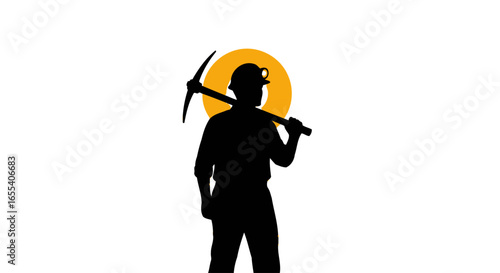 silhouette of a miner with pickaxe hard work resource extraction and industry success