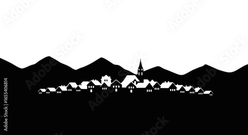 peaceful mountain village silhouette black and white illustration for travel real estate or idyllic community projects