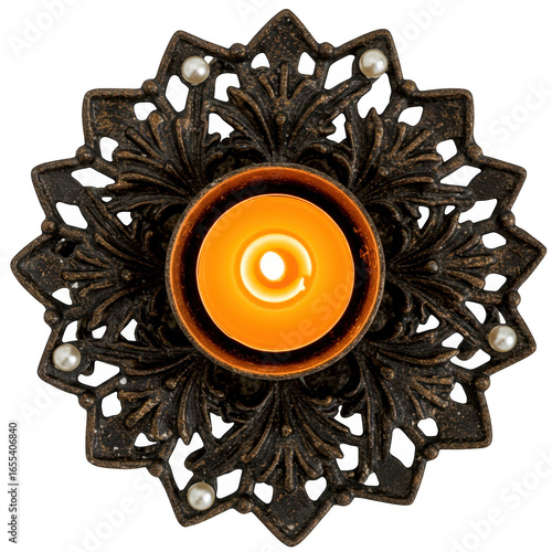Intricate dark metal candle holder with glowing flame isolated on transparent background