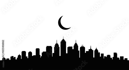 serene nightscape elegant city skyline silhouette under a crescent moon for design projects websites and peaceful ambiance