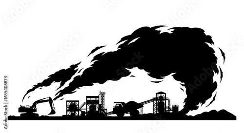 industrial pollution dramatic silhouette of mining operation and immense smoke plume perfect for environmental reports advocacy campaigns and pollution awareness materials