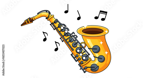 Illustration of a golden saxophone with black music notes floating around on a white background image art on transparent background