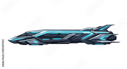 Detailed side view of a sleek futuristic spaceship with blue accents and sharp angular design elements shown on transparent background