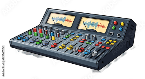 Illustration of a professional audio mixing console with sliders, knobs, and vu meters displayed clearly on transparent background