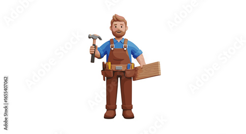 A carpenter in overalls holding a hammer and a piece of wood with a tool belt around his waist and smiling on transparent background