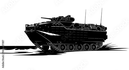 amphibious assault vehicle silhouette powerful black and white illustration for military tactical and strategic designs