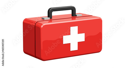 A red first aid kit with a white cross and a black handle sits on a white background in a studio shot on transparent background