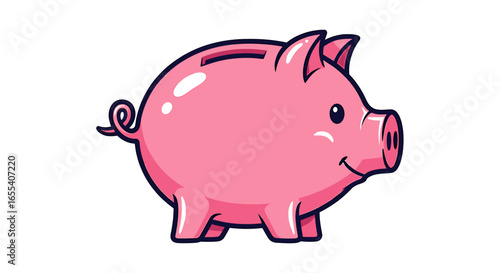 Illustration of a pink piggy bank with a slot on top and a curly tail on a white background design art on transparent background