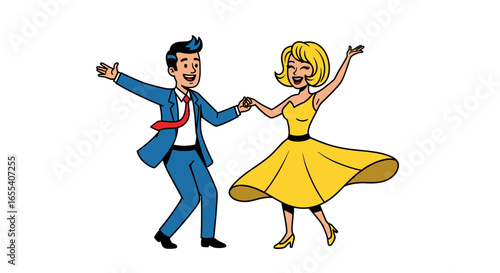 Illustration of a couple dancing with the man in a blue suit and the woman in a yellow dress happily dancing on transparent background