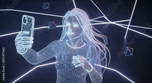 Digital woman in wireframe hologram taking a selfie with a futuristic glowing phone