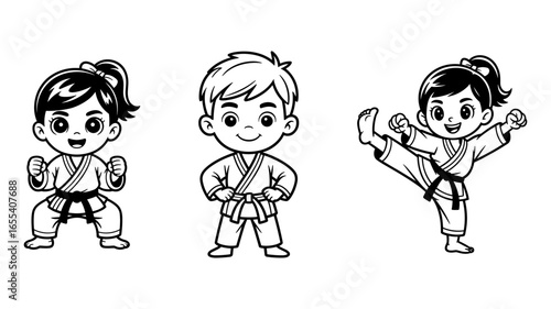 Three adorable cartoon children practicing martial arts isolated on white background