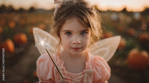 Portrait of a young girl in a fairy costume holding a wand in a pumpkin patch during autumn time