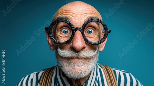 Senior man with white beard, wearing big glasses and suspenders. It represents humor or eccentricity for advertising or social media.