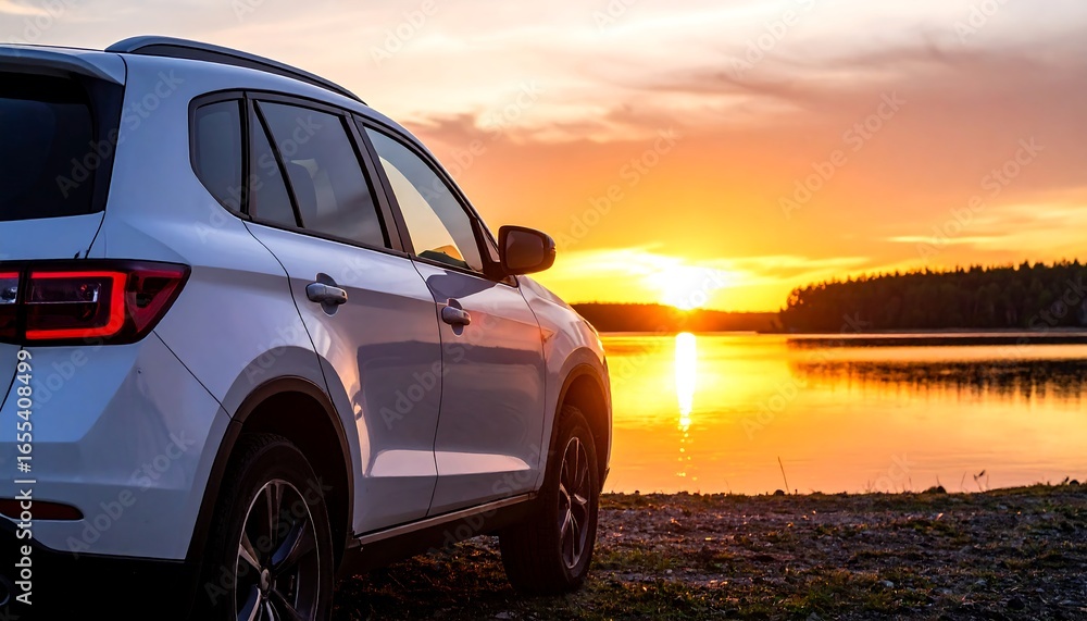 Obraz premium SUV at sunset by lake