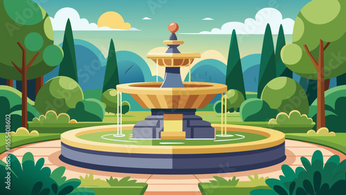 Beautiful park fountain surrounded by lush greenery and trees