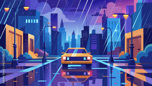 Yellow car driving on a wet city street at night with rain