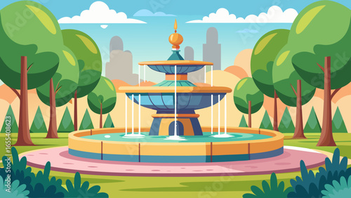 Vibrant fountain in a city park surrounded by trees and buildings