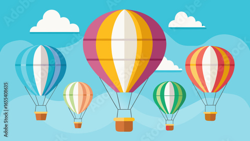 Colorful hot air balloons floating in a clear blue sky with clouds