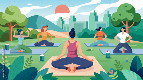 Group of women practicing yoga outdoors in a park with city skyline background