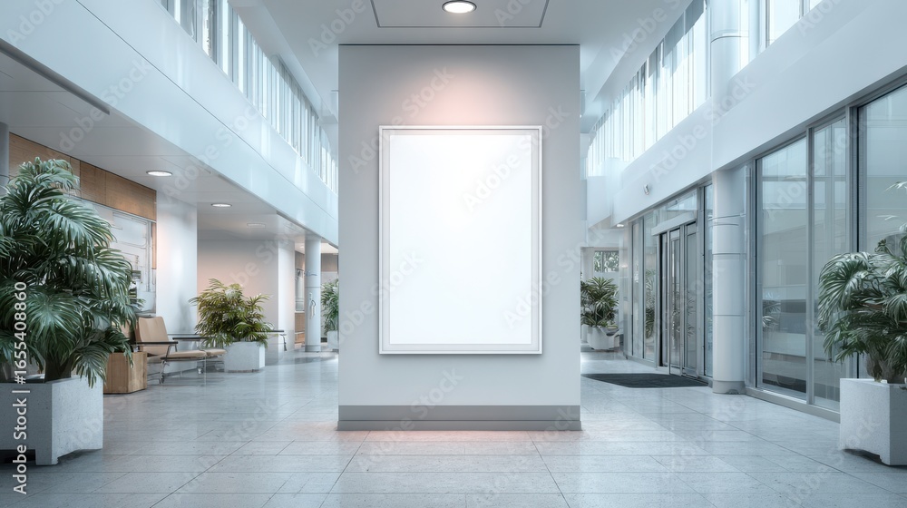 Obraz premium Stunning photo of mockup poster on wall in hospital corridor. Empty white A4 paper for text, ad, presentation, advertising, marketing. Medical center clinic.