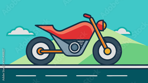 Modern red motorcycle riding on a road with a scenic background