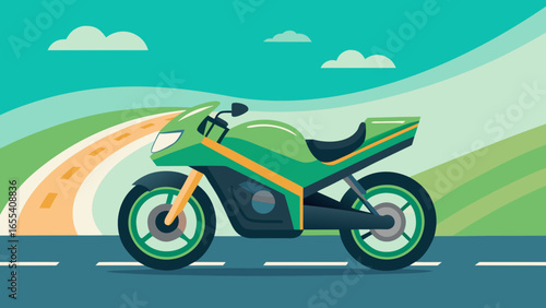 Green sport motorcycle driving on a scenic road with rolling hills