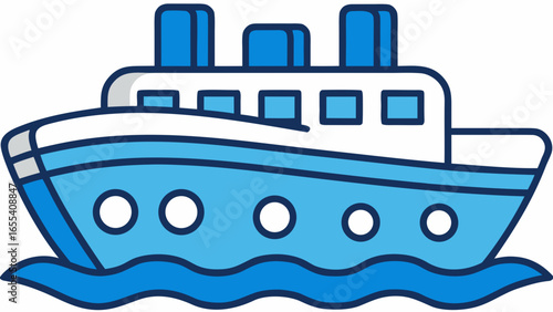Blue cruise ship sailing on wavy blue water with white background