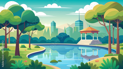 Serene city park with gazebo and reflecting pond